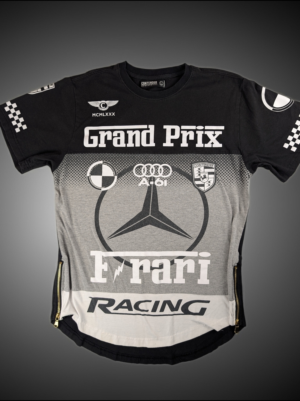 Contender Grand Prix Racing‎ Crew Neck Short Sleeve Men's L T-Shirt Zipper Hem
